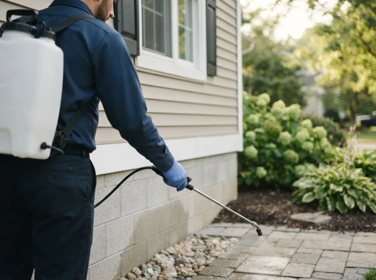 Pest control technician inspecting a home in Ashland, OH